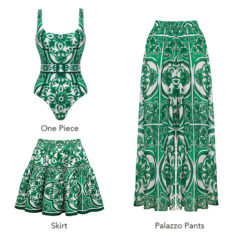 Classic Majolica Series Pattern Print One Piece Swimsuit and Pants or Skirt	