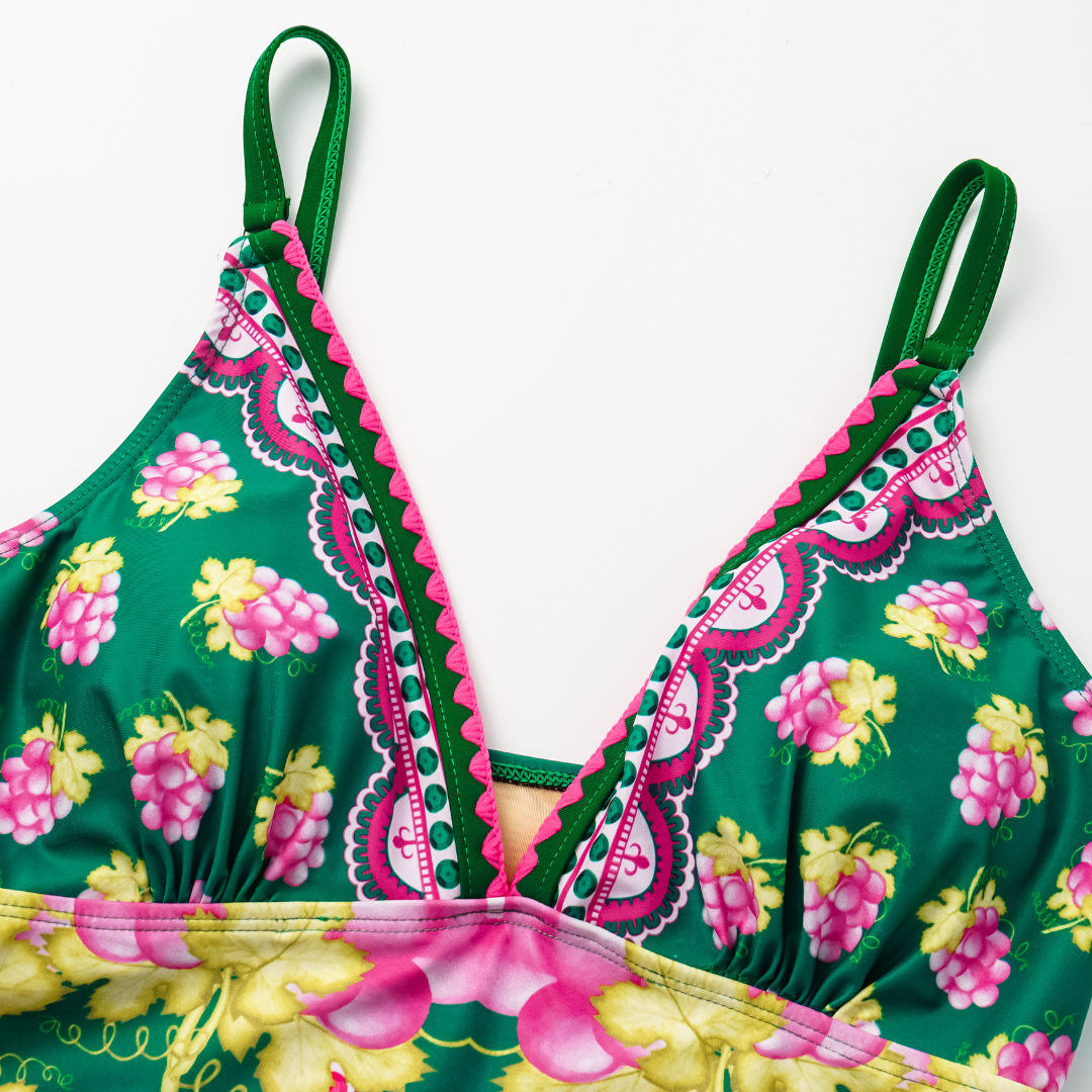 Deep V Retro Green Grapes Print One Piece Swimsuit and Skirt	