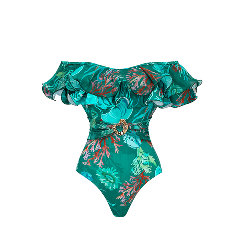 Removable Shoulder Strap Off Shoulder Marine Organism One Piece Swimsuit and Skirt