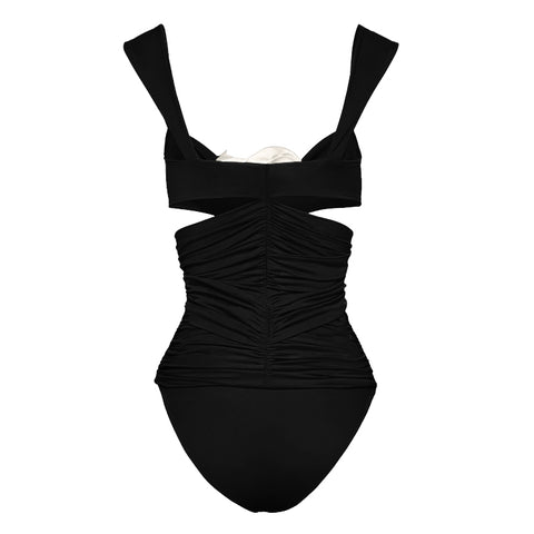 Black 3D Flower Cutout One Piece Swimsuit and Skirt