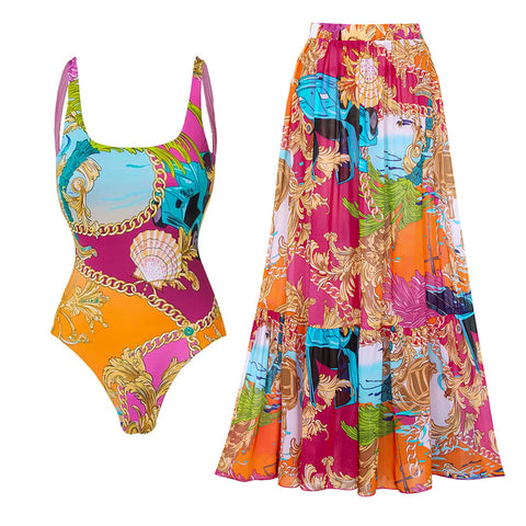 Round Neck Shell Print One Piece purple or Skirt