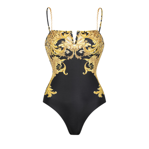 Vintage Black Gold Baroque Print Metal chain small V-neck One Piece Swimsuit and Skirt