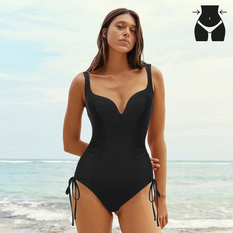 V-Neck Side Seam Drawcord Body Shaping Tummy Control One-Piece Swimsuit