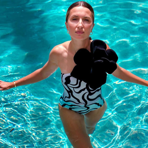 3D Flower Printed One Piece Swimsuit and Skirt