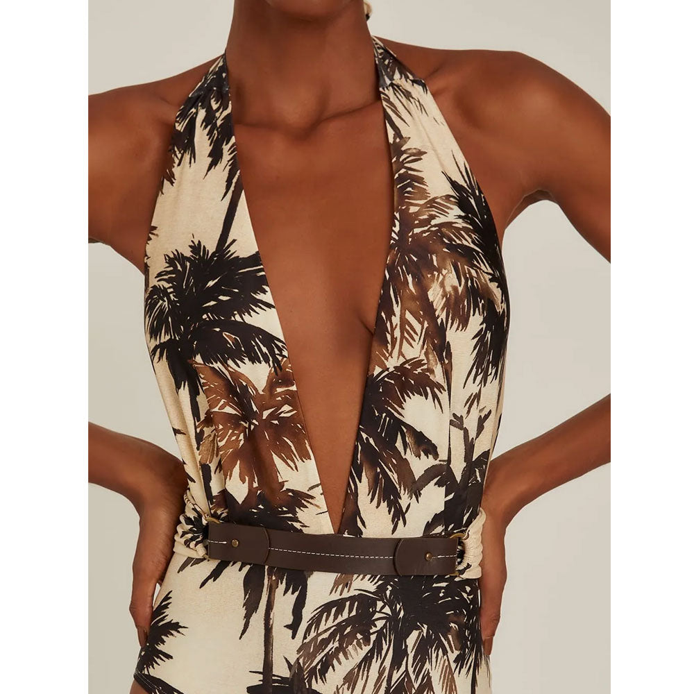 V Neck Coconut Palm Print One Piece Swimsuit and Skirt	