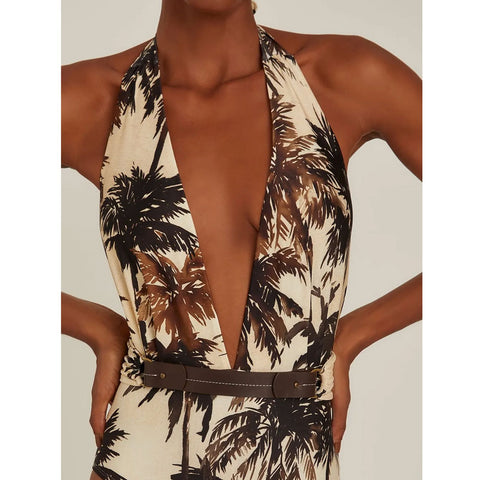 V Neck Coconut Palm Print One Piece Swimsuit and Skirt	