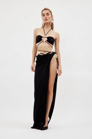 Pearl Detail Halter Lace Up Sexy Bikini Swimsuit and Sarong
