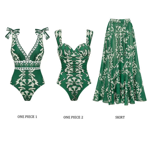 Sling Underwired Shirring Printed One Piece Swimsuit and Skirt	