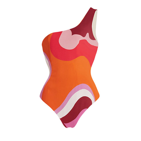 Color Block One Piece Swimsuit and Sarong