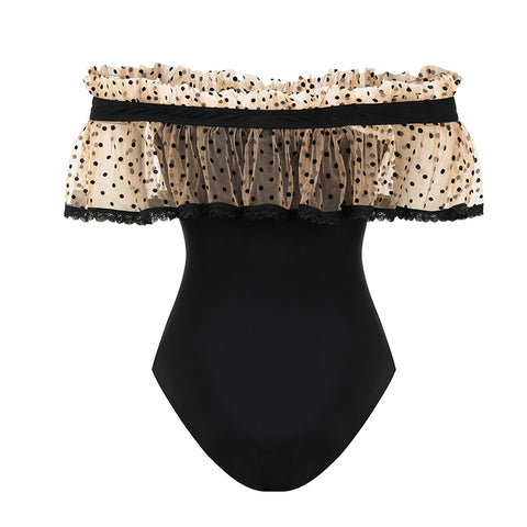 Off Shoulder Ruffle Dot Printed One Piece Swimsuit and Skirt