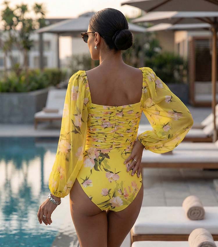 3D Flower Shirring Printed Chiffon Long Sleeves One Piece Swimsuit and Skirt	