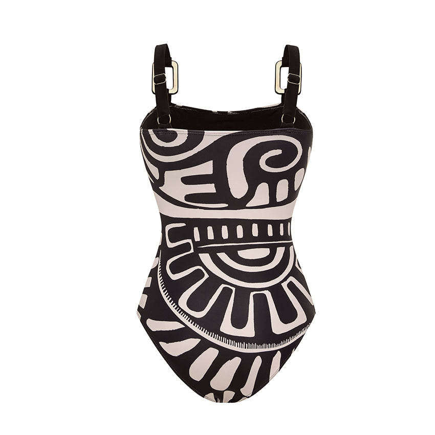 Adjustable Shoulder Straps Black Tribal Print Swimsuit Set(s)	