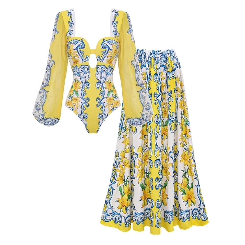 Printed Sicily Long Sleeved One Piece Swimsuit and Skirt	