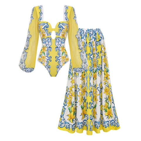 Printed Sicily Long Sleeved One Piece Swimsuit and Skirt	