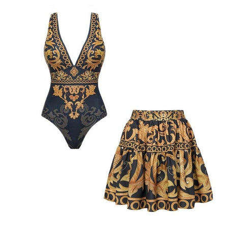 V Neck Gold Embroidery Decor One Piece Swimsuit and Skirt	