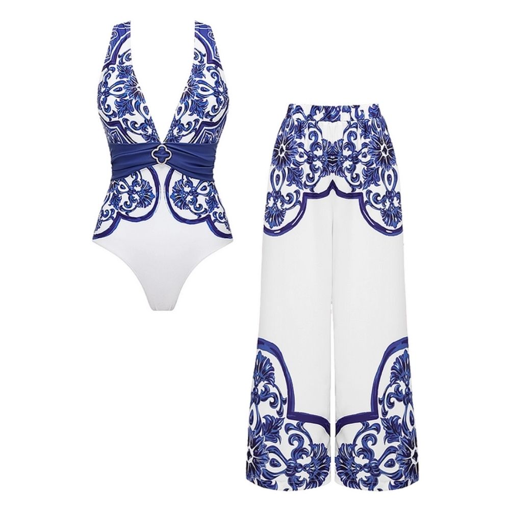V Neck Classic Majolica Series Pattern Print One Piece Swimsuit and Pants or Shorts	