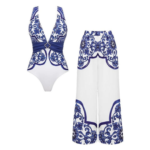 V Neck Classic Majolica Series Pattern Print One Piece Swimsuit and Pants or Shorts	