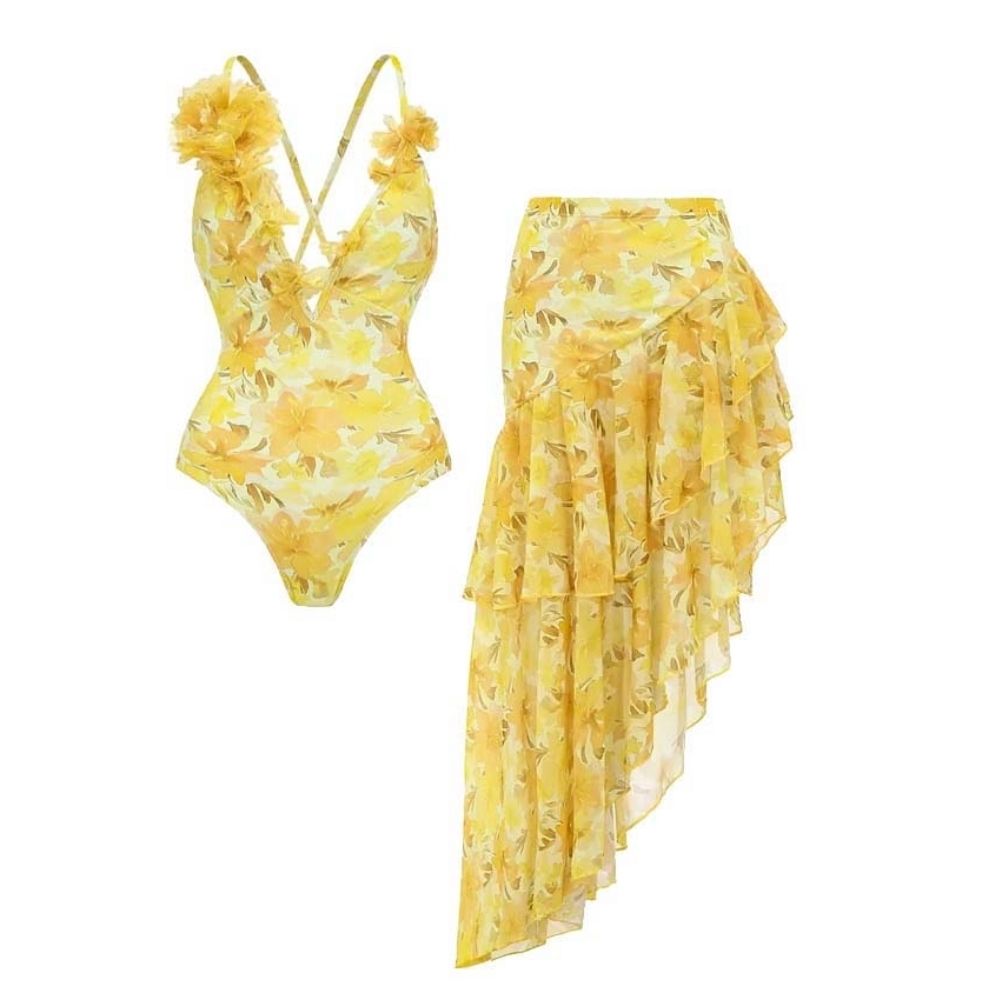 Appliques Yellow Lily Floral Print One Piece Swimsuit and Skirt	
