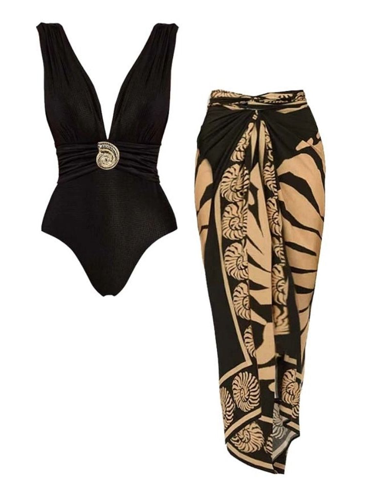 Black V-Neck Conch Decoration One Piece Swimsuit and sarong