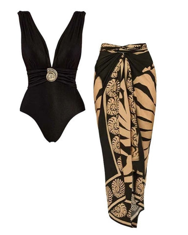 Black V-Neck Conch Decoration One Piece Swimsuit and sarong