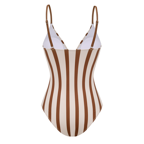 V-neck Brown stripes Print Swimsuit Set(s)
