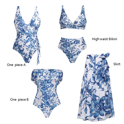 V Neck Blue Print High Wasit Bikini Swimsuit Set(s)