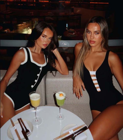 White and Black Color Block One Piece Swimsuit and Skirt
