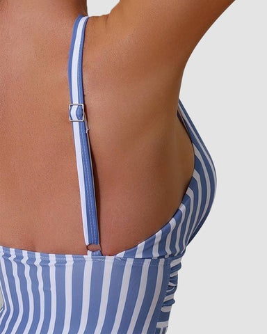 Striped Plunging Neck Bust Shaper One Piece Swimsuit