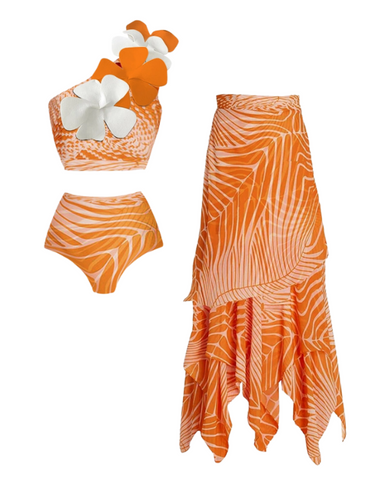 3D Flower High Waist Bikini Swimsuit and Skirt