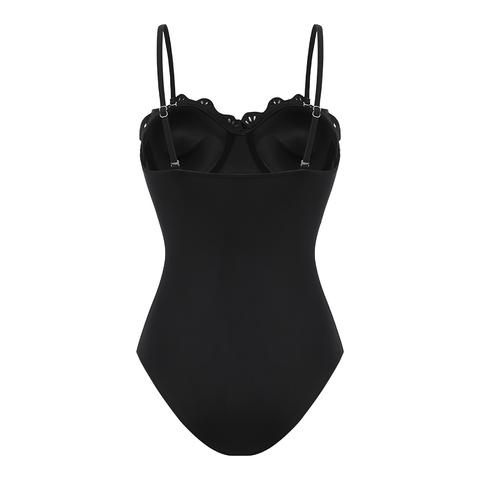 Black Laser Cut Hollow One Piece Swimsuit and Skirt