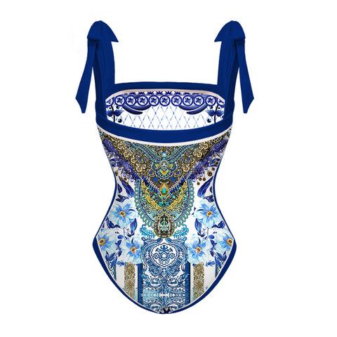 Reversible Tie-shoulder One Piece Swimsuit and Sarong