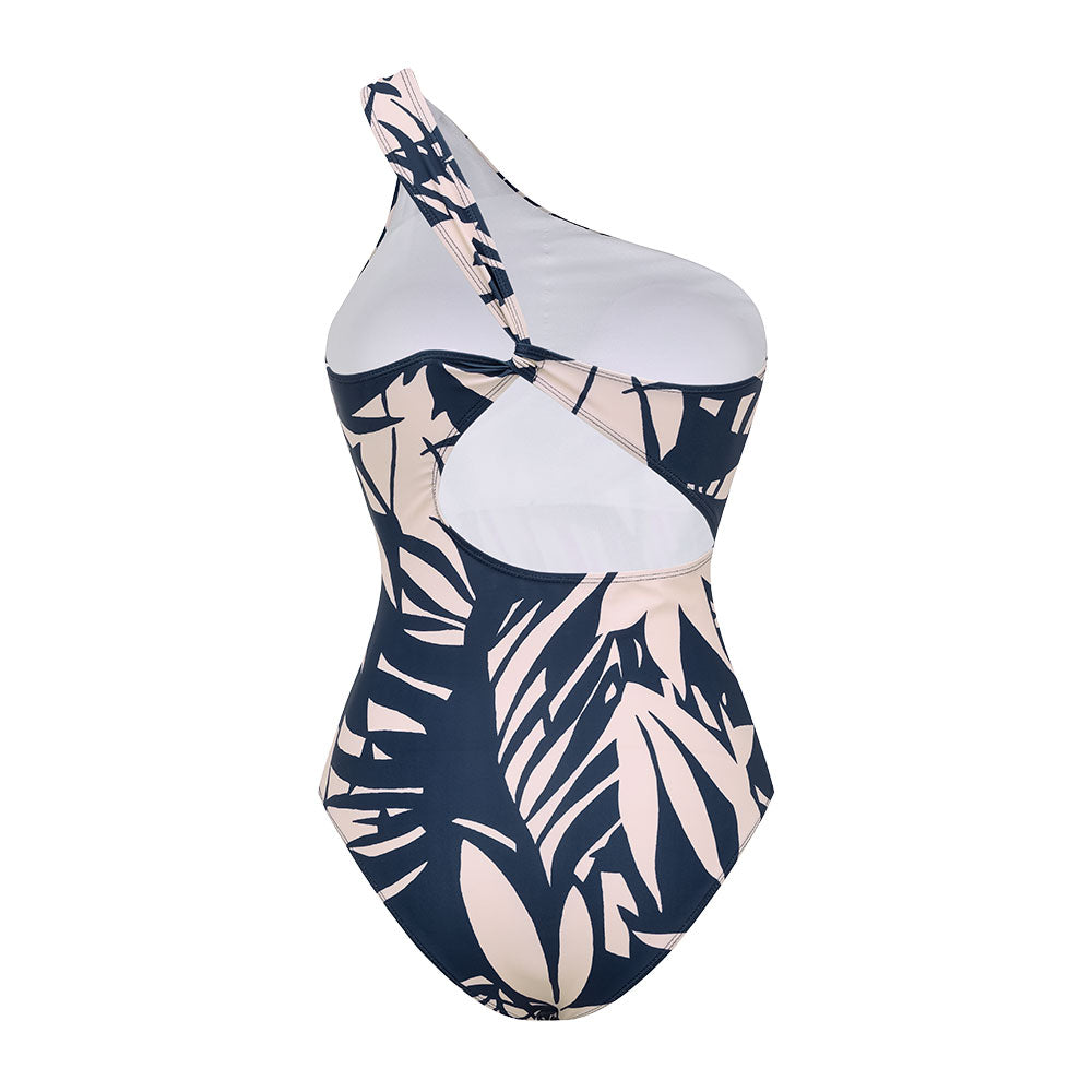 One SHoulder Leaves Print One Piece Swimsuit and Pants	
