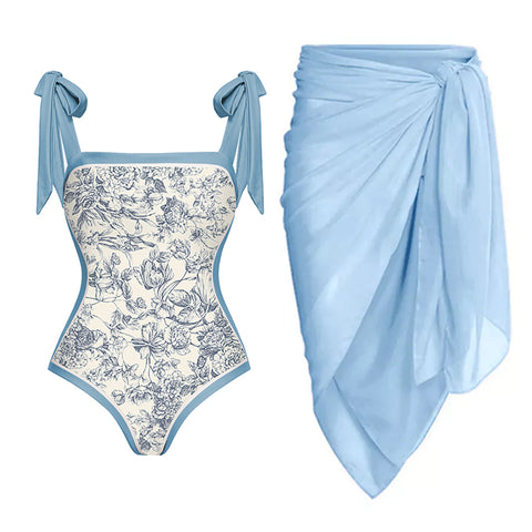 Blue Reversible Bowknot Tie-shoulder One Piece Swimsuits and Sarong
