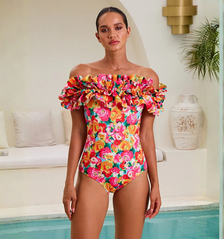 Detachable Double Shoulder Strap With Ruffles One Piece Swimsuit and sarong