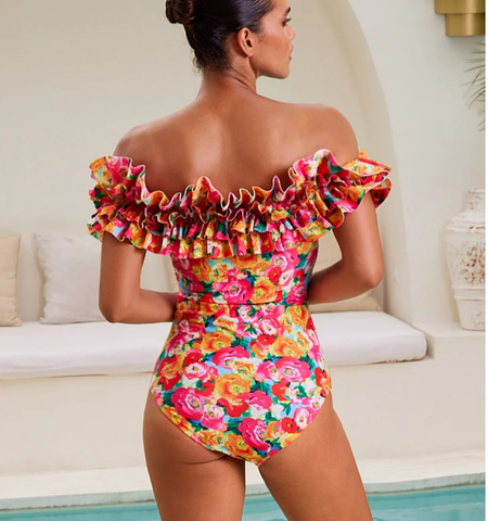 Detachable Double Shoulder Strap With Ruffles One Piece Swimsuit and sarong