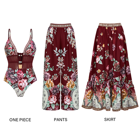 Hollow out Peony Print Swimsuit Set(s)	