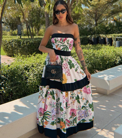 Off Shoulder Back Bow Tie Color Block Printed One Piece Swimsuit and Skirt Flaxmaker	