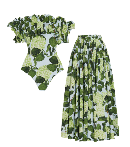 Off Shoulder Hydrangea Print Ruffle One Piece Swimsuit and Skirt