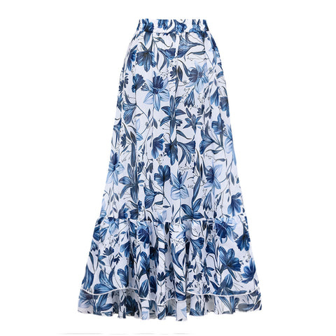 V Neck Ruffle Lace Up Printed One Piece Swimsuit and Skirt