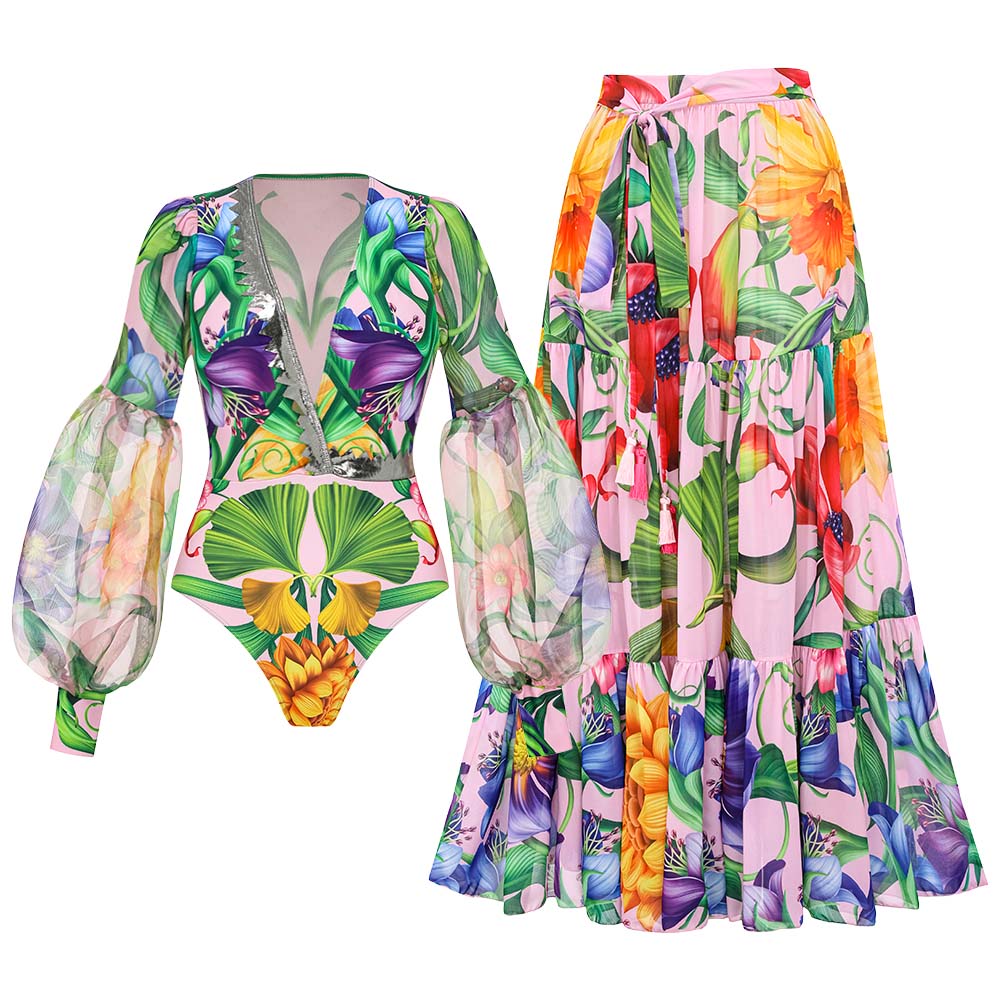 V-neck Long Sleeve Flowers Printed One Piece Swimsuit and Skirt	