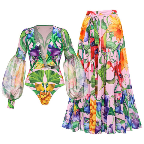 V-neck Long Sleeve Flowers Printed One Piece Swimsuit and Skirt	