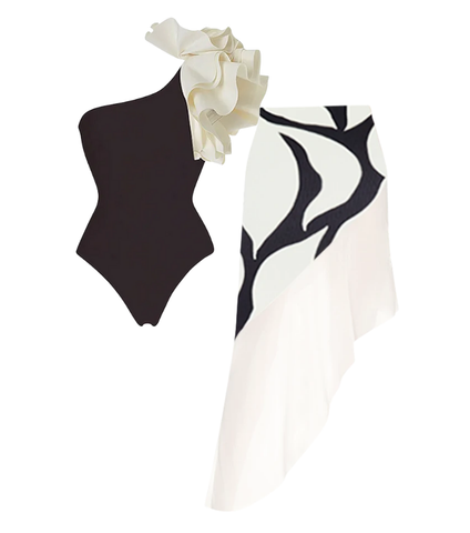 Ruffle One Shoulder One Piece Swimsuit and Skirt
