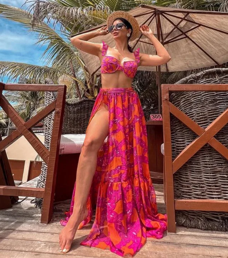 Mini Ruffled Printed Bikini Swimsuit and Skirt	