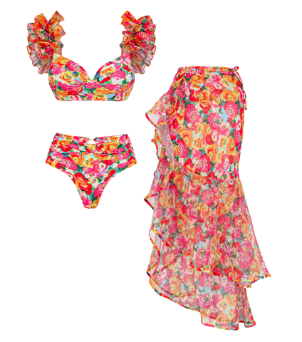 Ruffled Straps Floral Print Bikini Swimsuit and Skirt
