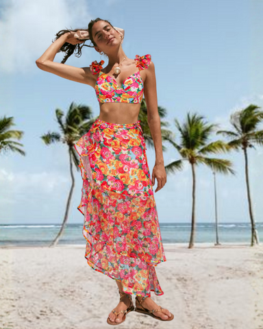 Ruffled Straps Floral Print Bikini Swimsuit and Skirt