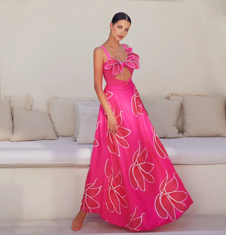 3D Flower Hot Pink Cutout One Piece Swimsuit and Skirt