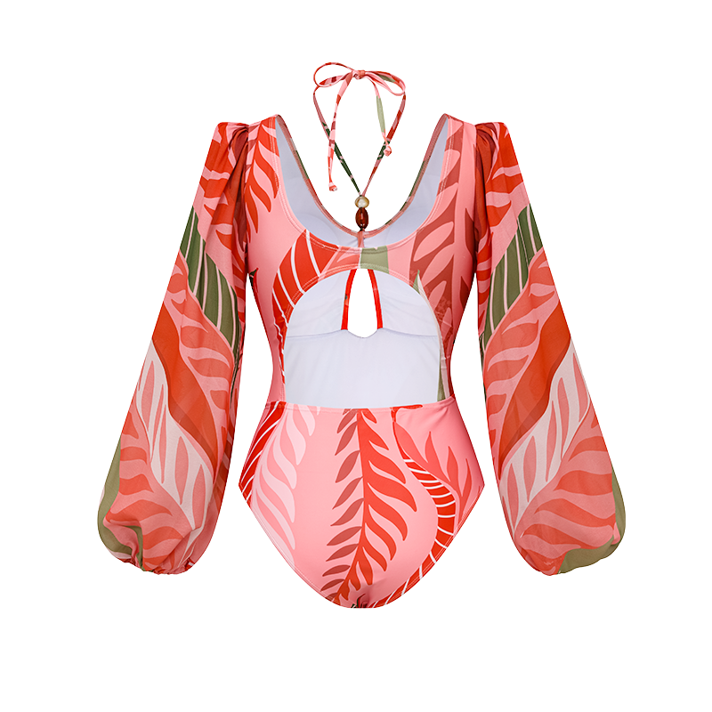 Long-sleeved Artificial Stone Decor One Piece Swimsuit and Skirt Flaxmaker	