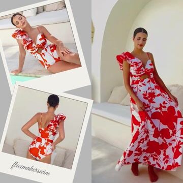 One Shoulder Ruffle Printed One Piece Swimsuit and Skirt	