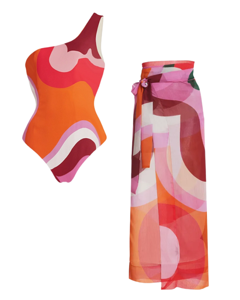 Color Block One Piece Swimsuit and Sarong
