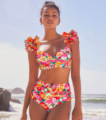 Ruffled Straps Floral Print Bikini Swimsuit and Skirt